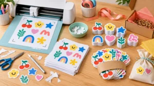 Colorful craft table with a white cutting machine, printed sticker sheets, stacks of die-cut fruit, flower, star, rainbow, and heart stickers, scissors, a craft knife, tape, ribbon, and packaging supplies.