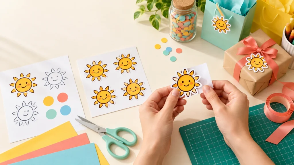 Hands hold a smiling sun sticker over a craft table with sun sticker sheets, scissors, colored cardstock, a cutting mat, ribbon, wrapped gifts, and small gift bags.