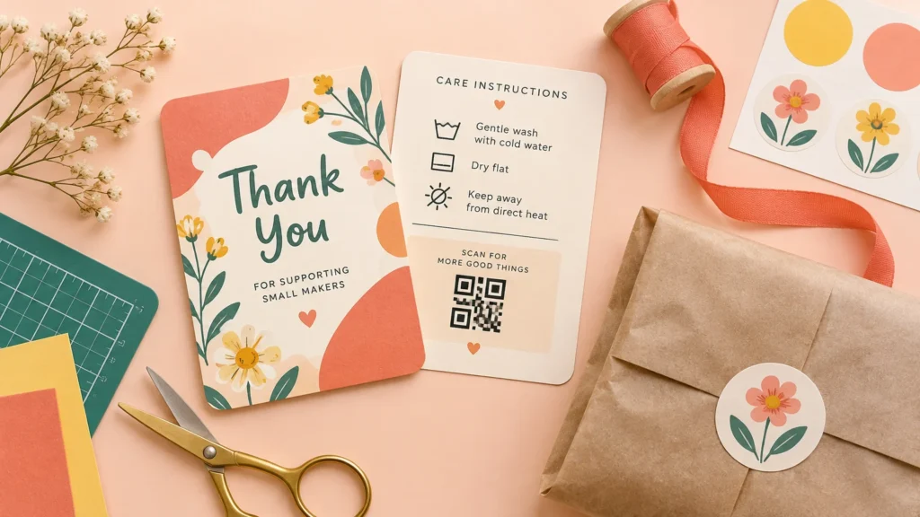 Overhead view of floral thank-you and care-instruction cards with a QR code, beside a kraft-paper package sealed with a flower sticker, ribbon, scissors, cardstock, and a green cutting mat on a peach background.