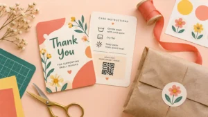 Overhead view of floral thank-you and care-instruction cards with a QR code, beside a kraft-paper package sealed with a flower sticker, ribbon, scissors, cardstock, and a green cutting mat on a peach background.