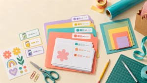 Overhead view of a cheerful craft workspace with colorful labeled folders, printable sheets, flower and rainbow stickers, cardstock, scissors, a cutting mat, craft knife, ribbon, and a gift bag.