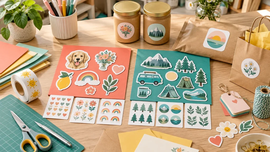 Cheerful overhead craft table with colorful sticker sheets, loose die-cut stickers, labeled jars, gift bags, scissors, cutting mat, cardstock, ribbon, and gift tags.