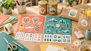 Cheerful overhead craft table with colorful sticker sheets, loose die-cut stickers, labeled jars, gift bags, scissors, cutting mat, cardstock, ribbon, and gift tags.