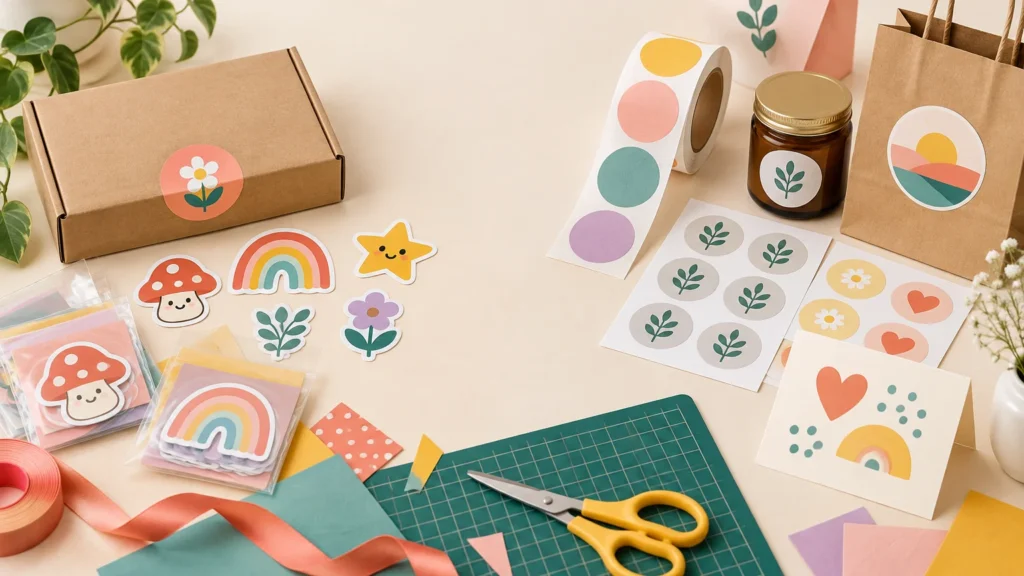 Cheerful craft table with colorful sticker sheets, die-cut stickers, label roll, packaged sticker packs, jars, gift bag, ribbon, scissors, cardstock, and a green cutting mat.