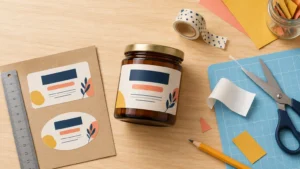 Overhead view of a craft table with an amber jar wearing a colorful blank label, matching label stickers on cardstock, a ruler, scissors, cutting mat, pencil, washi tape, and paper scraps.