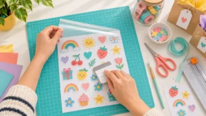 Overhead view of hands smoothing clear self-adhesive laminate onto a colorful sheet of cute illustrated stickers on a teal grid cutting mat, surrounded by scissors, a paper trimmer, ribbon, cardstock, gift bags, and craft supplies.