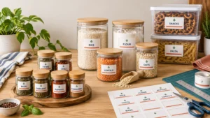Organized pantry containers and spice jars with matching white labels sit on a wooden table beside a label sheet, scissors, ruler, cutting mat, scoop, oats, and herbs.