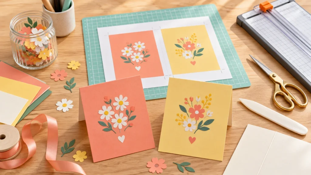 Overhead view of a craft table with two upright folded floral cards, a printed two-panel floral card sheet on a green cutting mat, scissors, a bone folder, cardstock, ribbon, and paper flower cutouts.