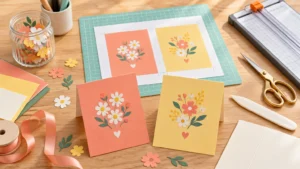 Overhead view of a craft table with two upright folded floral cards, a printed two-panel floral card sheet on a green cutting mat, scissors, a bone folder, cardstock, ribbon, and paper flower cutouts.