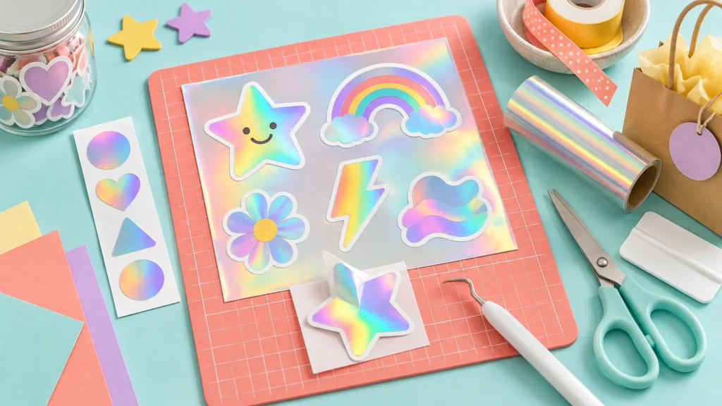 Overhead view of a colorful craft table with a holographic sticker sheet featuring a smiling star, rainbow, flower, lightning bolt, cloud, and abstract wave, surrounded by scissors, a weeding tool, holographic film, cardstock, ribbon, a jar of stickers, and a gift bag.