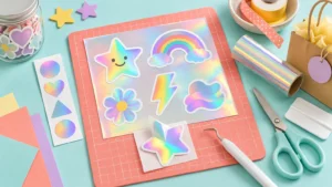 Overhead view of a colorful craft table with a holographic sticker sheet featuring a smiling star, rainbow, flower, lightning bolt, cloud, and abstract wave, surrounded by scissors, a weeding tool, holographic film, cardstock, ribbon, a jar of stickers, and a gift bag.
