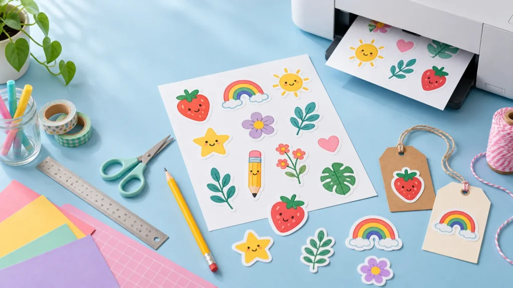 Colorful homemade sticker sheets and cut-out stickers on a blue craft table beside a printer, scissors, ruler, pencil, paper, tape, tags, and twine.
