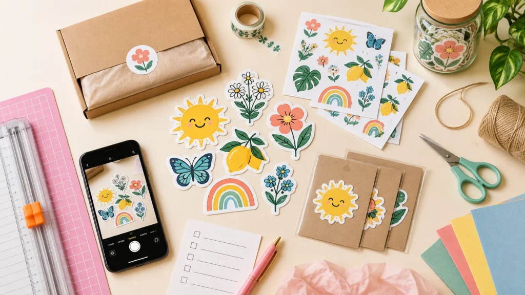 Overhead horizontal maker table with colorful floral, sun, butterfly, lemon, and rainbow stickers, sticker sheets, a packaging box, phone, cutting mat, scissors, twine, envelopes, and cardstock.