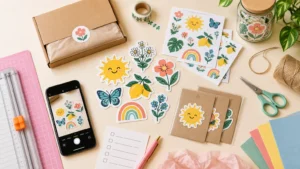 Overhead horizontal maker table with colorful floral, sun, butterfly, lemon, and rainbow stickers, sticker sheets, a packaging box, phone, cutting mat, scissors, twine, envelopes, and cardstock.