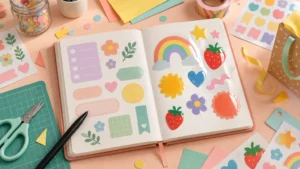 Open dotted journal decorated with colorful rainbow, strawberry, flower, heart, and label stickers on a pastel craft table with scissors, cutting mat, paper, ribbon, and sticker sheets.