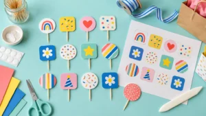 Colorful handmade circle and square cupcake toppers on wooden picks beside a 12-up printable cutout sheet, scissors, cardstock, ribbon, and craft supplies on a turquoise table.